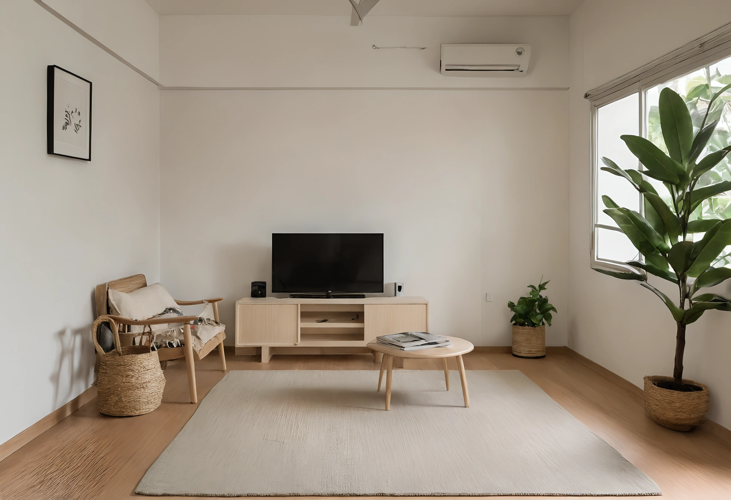 Singapore HDB flat living room with a light wood television console, rattan armchair, round coffee table and plants by a corner window