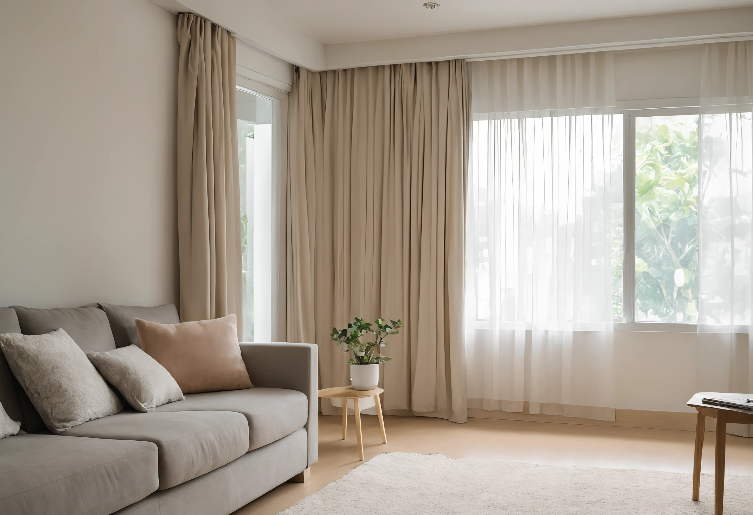 Renovated Singapore HDB flat living room with a grey sofa, beige curtains, sheer blinds and a potted plant by the window