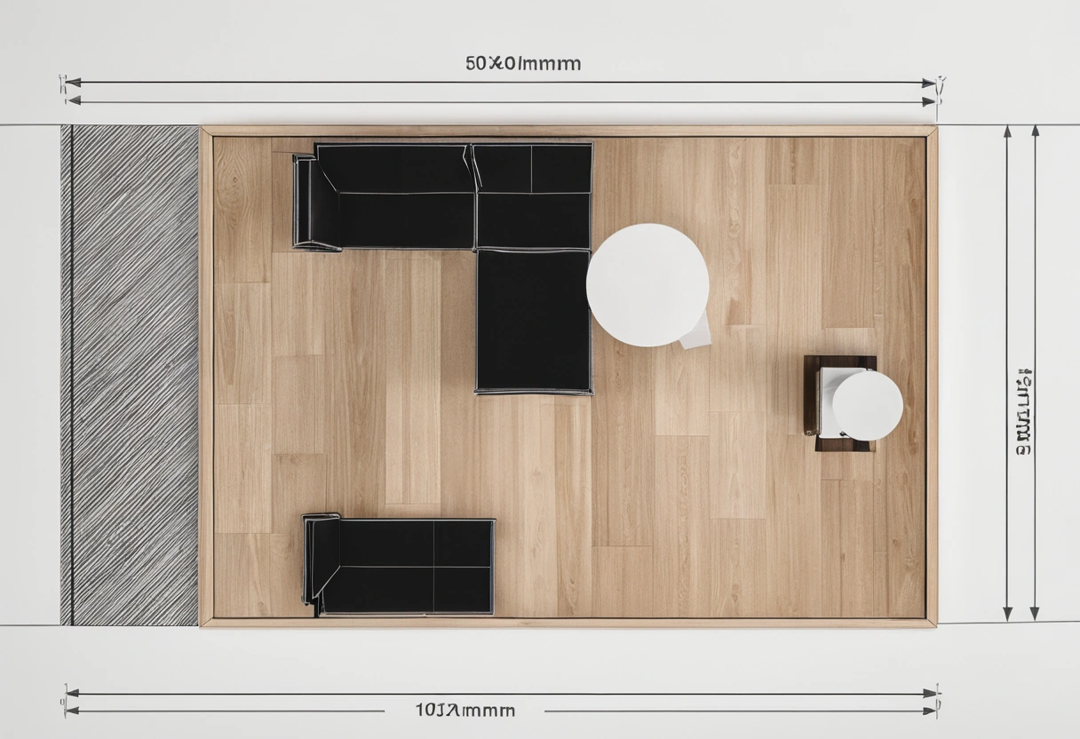 Graphite furniture layout plan drawn to scale on white drafting paper beside a triangle ruler