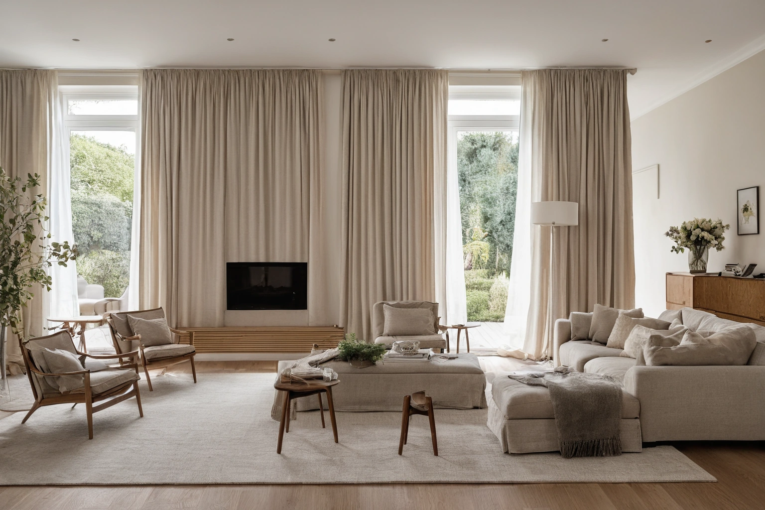 Open plan great room with a large rectangular low pile wool rug under a linen sofa and lounge chairs