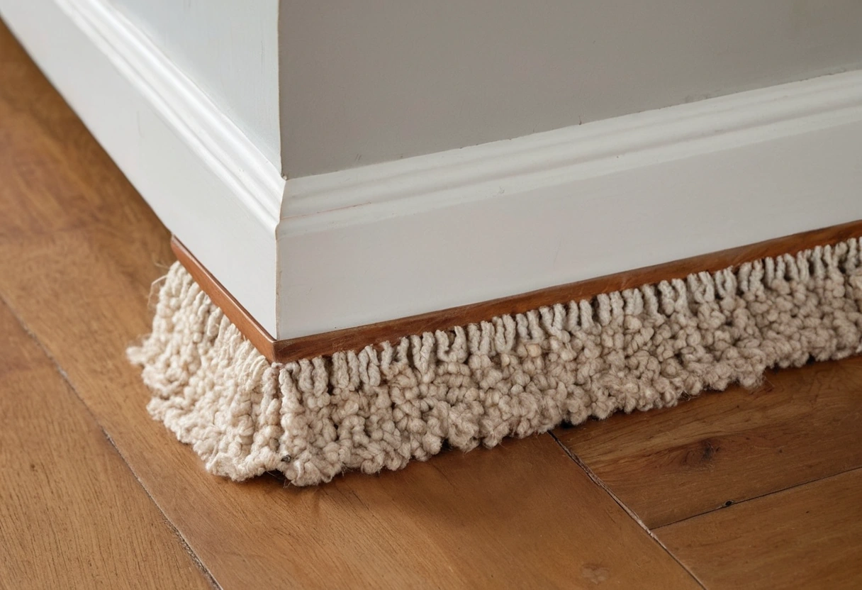 Close view of a wool rug selvedge on an oak floor with bare floorboards against a painted skirting
