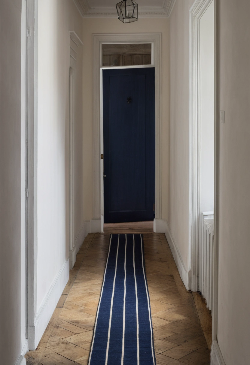 Long wool runner running the length of a narrow hallway with oak floorboards on both sides