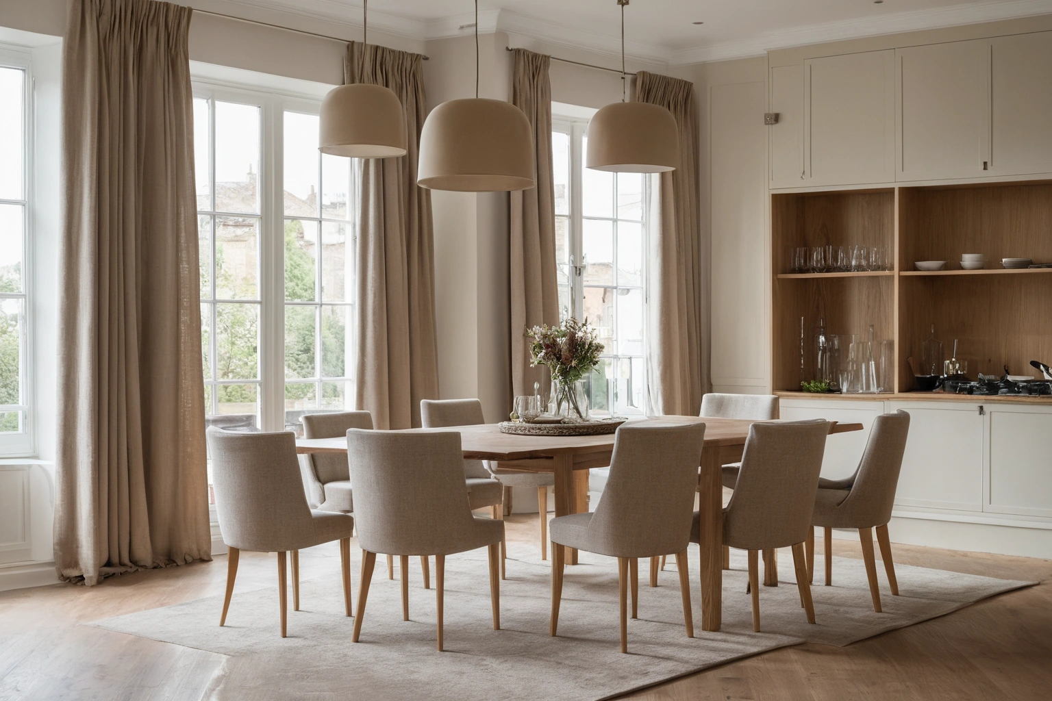 Dining zone in an open plan room with a rectangular wool rug under an oak table and upholstered chairs
